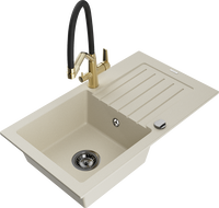 Mexen Pablo Granitspüle 1-Becken mit Abtropffläche und Küchenarmatur Duo, beige - 6510-69-671701-57-B