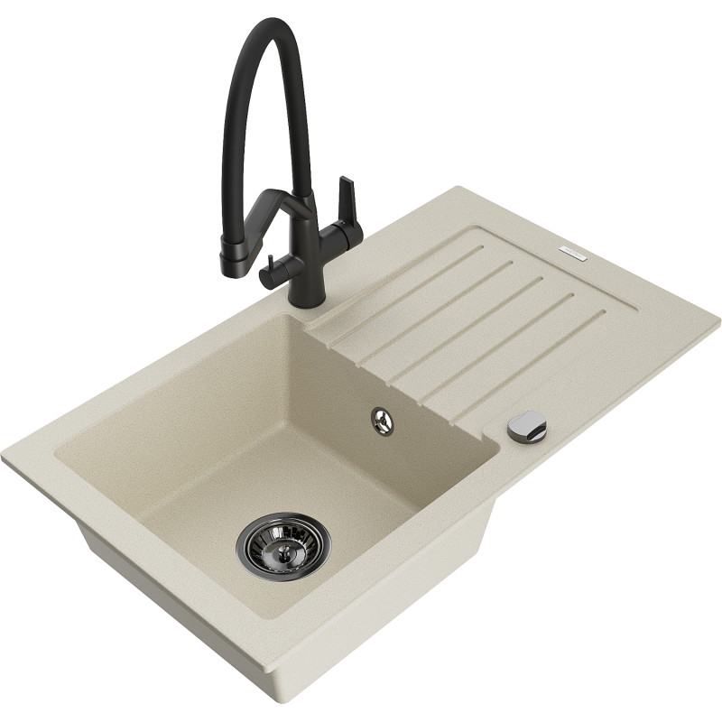 Mexen Pablo Granitspüle 1-Becken mit Abtropffläche und Küchenarmatur Duo, beige - 6510-69-671701-70-B