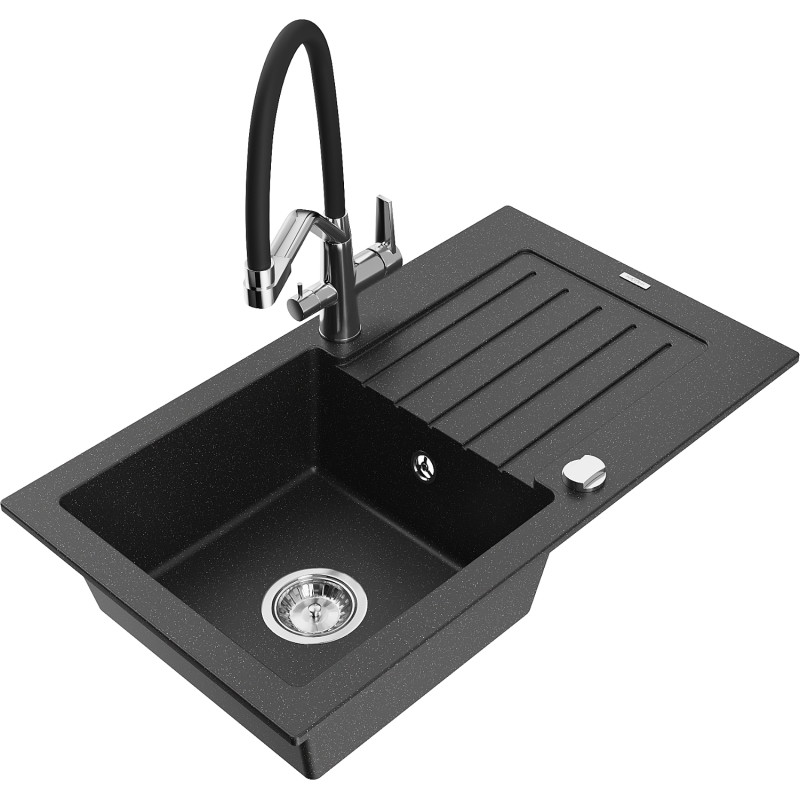 Mexen Pablo Granitspüle 1-Becken mit Abtropfbrett und Küchenarmatur Duo, schwarz/silber metallic - 6510-73-671701-07