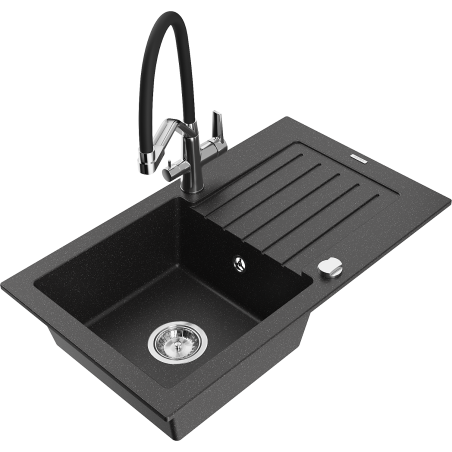 Mexen Pablo Granitspüle 1-Becken mit Abtropffläche und Küchenarmatur Duo, schwarz/silber metallisch - 6510-73-671701-07