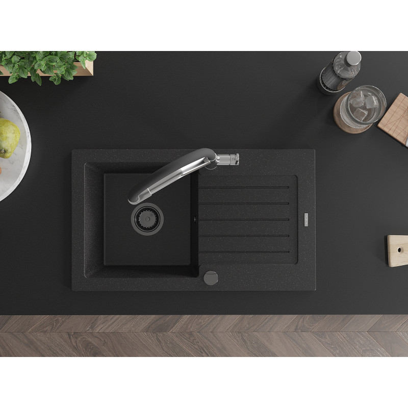 Mexen Pablo Granitspüle 1-becken mit Abtropffläche und Küchenarmatur Duo, schwarz/silber Metallic - 6510-73-671701-07-B
