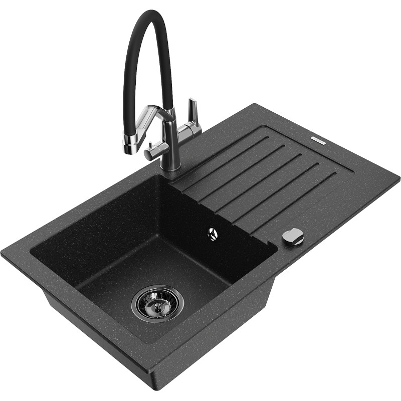Mexen Pablo Granitspüle 1-beckig mit Abtropffläche und Küchenarmatur Duo, schwarz/silber metallic - 6510-73-671701-07-B