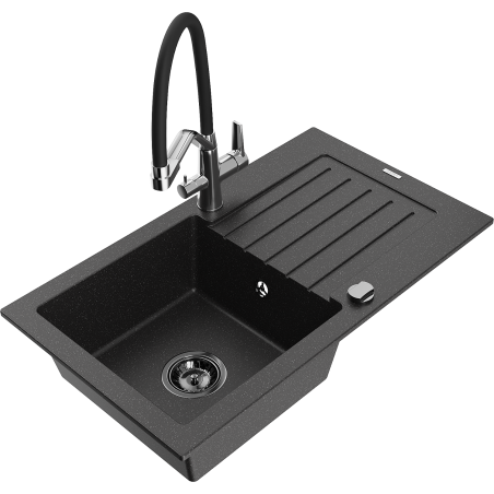 Mexen Pablo Granitspüle 1-becken mit Abtropffläche und Küchenarmatur Duo, schwarz/silber Metallic - 6510-73-671701-07-B