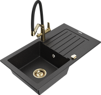 Mexen Pablo Granitspüle 1-Becken mit Abtropffläche und Küchenarmatur Duo, Schwarz/Silber Metallic - 6510-73-671701-57-G