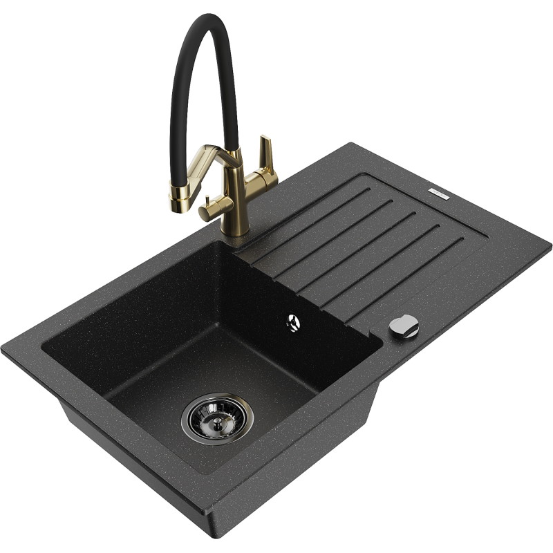 Mexen Pablo Granitspüle 1-Becken mit Abtropffläche und Küchenarmatur Duo, schwarz/silber metallic - 6510-73-671701-57-B
