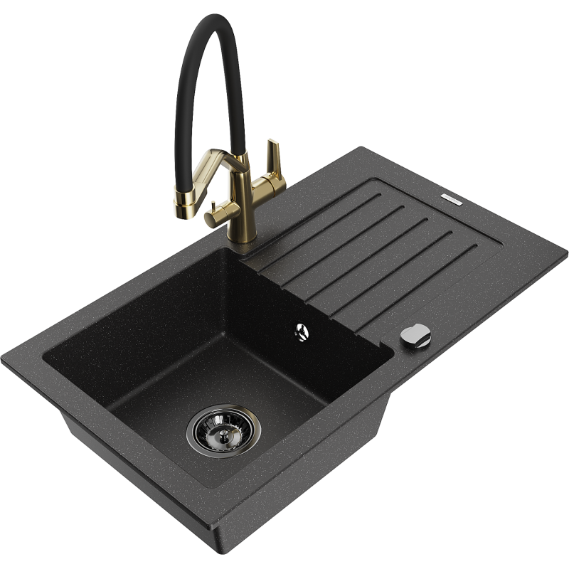 Mexen Pablo Granitspüle ein Becken mit Abtropffläche und Küchenarmatur Duo, schwarz/silberner Metallic - 6510-73-671701-57-B