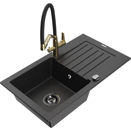 Mexen Pablo Granitspüle mit 1 Becken, Abtropffläche und Küchenarmatur Duo, schwarz/silber metallic - 6510-73-671701-57-B