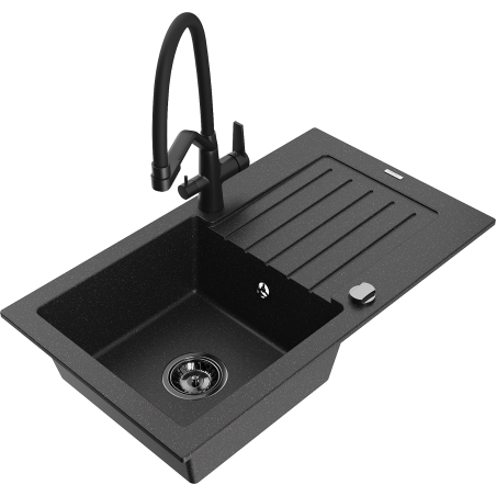 Mexen Pablo Granitspüle 1-Becken mit Abtropffläche und Küchenarmatur Duo, schwarz/silber metallic - 6510-73-671701-70-B