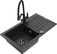 Mexen Pablo Granitspüle 1-Becken mit Abtropffläche und Küchenarmatur Duo, schwarz/silber metallic - 6510-73-671701-70-B