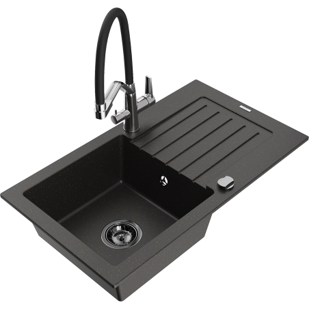 Mexen Pablo Granitspüle 1-Becken mit Abtropffläche und Küchenarmatur Duo, schwarz/gold metallic - 6510-75-671701-07-B