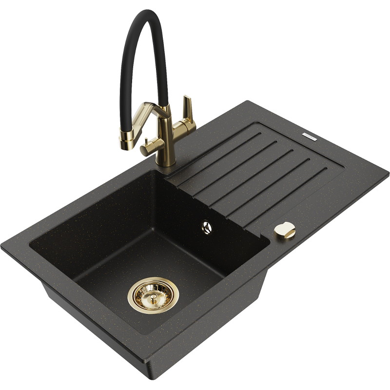 Mexen Pablo Granitspüle 1-Becken mit Abtropffläche und Küchenarmatur Duo, schwarz/gold metallisch - 6510-75-671701-57-G