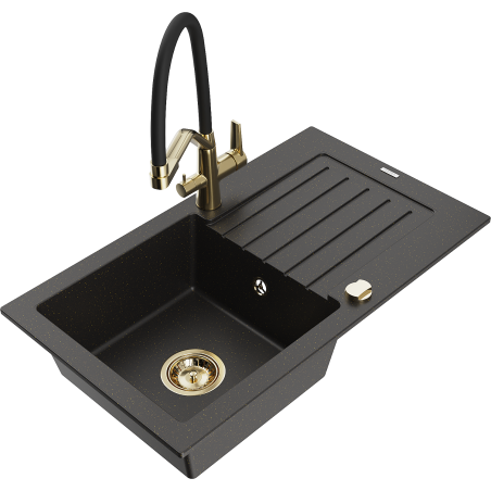 Mexen Pablo Granitspüle 1-Becken mit Abtropffläche und Küchenarmatur Duo, schwarz/gold metallisch - 6510-75-671701-57-G