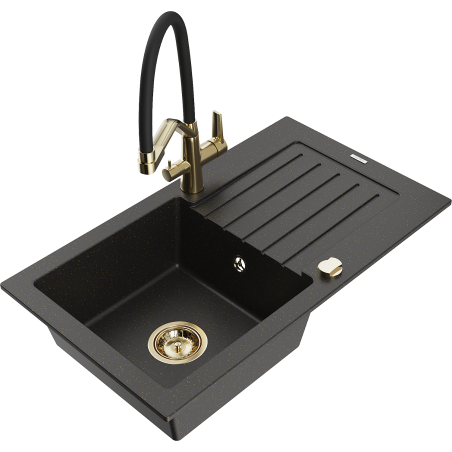 Mexen Pablo Granitspüle 1-beckig mit Abtropffläche und Küchenarmatur Duo, schwarz/goldener Metallic - 6510-75-671701-57-G