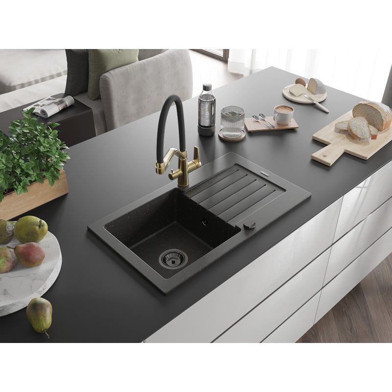 Mexen Pablo Granitspüle 1-Becken mit Abtropffläche und Küchenarmatur Duo, schwarz/gold metallic - 6510-75-671701-57-B