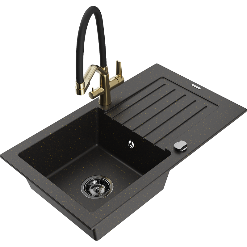 Mexen Pablo Granitspüle 1-Becken mit Abtropffläche und Küchenarmatur Duo, schwarz/gold metallic - 6510-75-671701-57-B