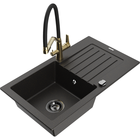 Mexen Pablo Granitspüle 1-Becken mit Abtropffläche und Küchenarmatur Duo, schwarz/gold metallic - 6510-75-671701-57-B