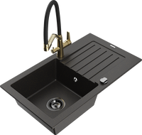 Mexen Pablo Granitspüle 1-Becken mit Abtropffläche und Küchenarmatur Duo, schwarz/gold metallic - 6510-75-671701-57-B