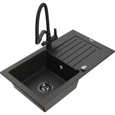 Mexen Pablo Granitspüle 1-Becken mit Abtropffläche und Küchenarmatur Duo, schwarz/gold metallic - 6510-75-671701-70-B