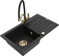 Mexen Pablo Granitspüle 1-becken mit Abtropffläche und Duo-Küchenarmatur, schwarz - 6510-77-671701-57-G