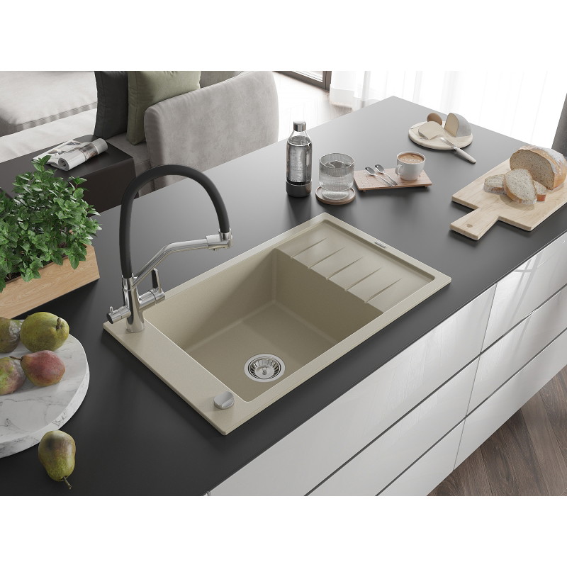 Mexen Elias Granitspüle 1-Becken mit Abtropffläche und Küchenarmatur Duo, beige - 6511-69-671701-07