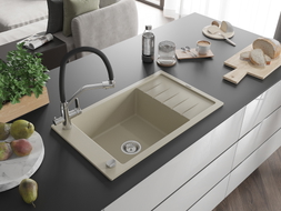 Mexen Elias Granitspüle 1-beckig mit Abtropffläche und Duo-Küchenarmatur, beige - 6511-69-671701-07