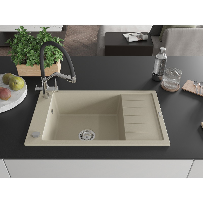 Mexen Elias Granitspüle mit 1 Becken, Abtropffläche und Küchenarmatur Duo, beige - 6511-69-671701-07