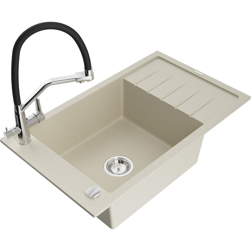 Mexen Elias Granitspüle 1-Becken mit Abtropffläche und Küchenarmatur Duo, beige - 6511-69-671701-07
