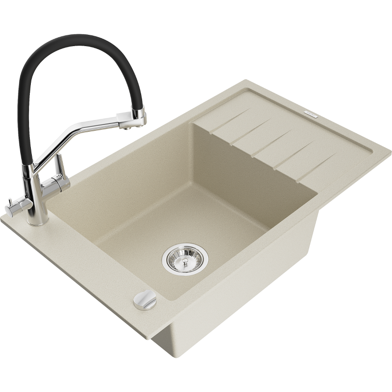 Mexen Elias Granitspüle 1-beckig mit Abtropffläche und Duo-Küchenarmatur, beige - 6511-69-671701-07