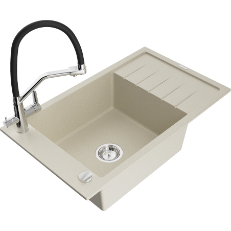 Mexen Elias Granitspüle 1-Becken mit Abtropffläche und Küchenarmatur Duo, beige - 6511-69-671701-07
