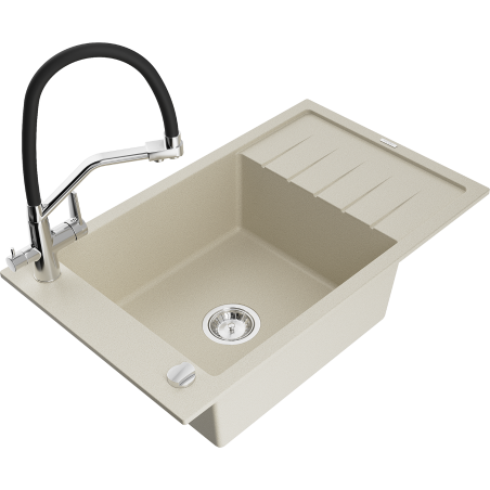 Mexen Elias Granitspüle 1-beckig mit Abtropffläche und Duo-Küchenarmatur, beige - 6511-69-671701-07