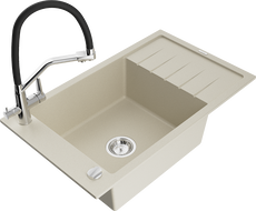 Mexen Elias Granitspüle 1-beckig mit Abtropffläche und Duo-Küchenarmatur, beige - 6511-69-671701-07