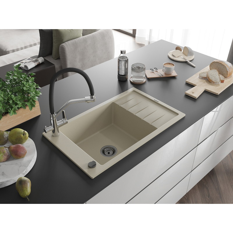 Mexen Elias Granitspüle 1-Becken mit Abtropffläche und Küchenarmatur Duo, beige - 6511-69-671701-07-B