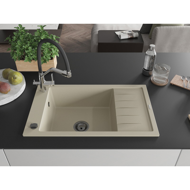 Mexen Elias Granitspüle 1-Becken mit Abtropffläche und Küchenarmatur Duo, beige - 6511-69-671701-07-B