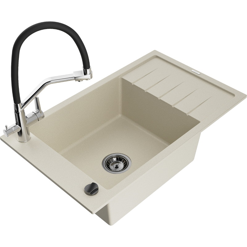 Mexen Elias 1-Kammer-Granispüle mit Abtropffläche und Duo-Küchenarmatur, beige - 6511-69-671701-07-B