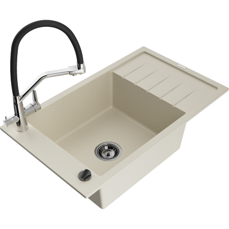 Mexen Elias Granitspüle ein Becken mit Abtropffläche und Küchenarmatur Duo, beige - 6511-69-671701-07-B