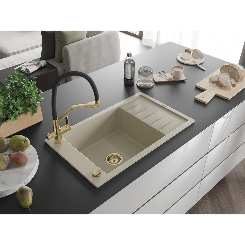 Mexen Elias Granitspüle 1-beckig mit Abtropffläche und Küchenarmatur Duo, beige - 6511-69-671701-57-G