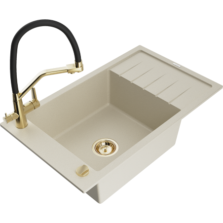 Mexen Elias Granitspüle 1-beckig mit Abtropffläche und Küchenarmatur Duo, beige - 6511-69-671701-57-G