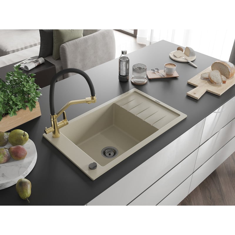Mexen Elias Granitspüle 1-Becken mit Abtropffläche und Küchenarmatur Duo, beige - 6511-69-671701-57-B