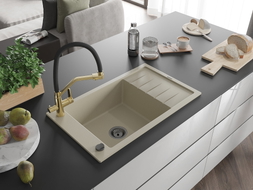 Mexen Elias Granitspüle 1-Becken mit Abtropffläche und Küchenarmatur Duo, beige - 6511-69-671701-57-B