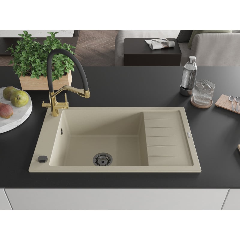 Mexen Elias Granitspüle 1-Becken mit Abtropffläche und Küchenarmatur Duo, beige - 6511-69-671701-57-B