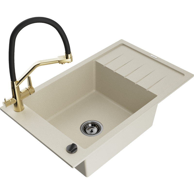 Mexen Elias Granitspüle 1-Becken mit Abtropffläche und Küchenarmatur Duo, beige - 6511-69-671701-57-B