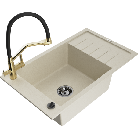 Mexen Elias Granitspüle 1-Becken mit Abtropffläche und Küchenarmatur Duo, beige - 6511-69-671701-57-B