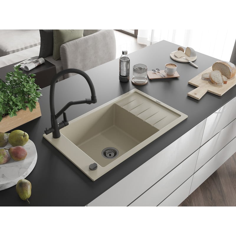 Mexen Elias Granitspüle 1-Becken mit Abtropffläche und Küchenarmatur Duo, beige - 6511-69-671701-70-B