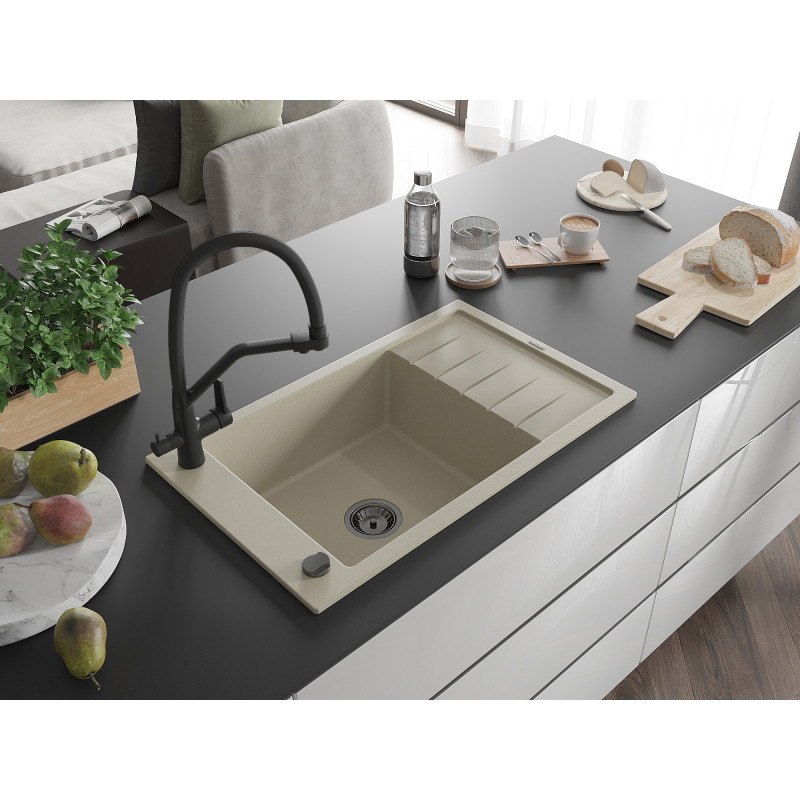 Mexen Elias granitspüle 1-beckig mit abtropffläche und küchenarmatur Duo, beige - 6511-69-671701-70-B