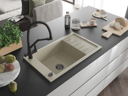 Mexen Elias Granitspüle 1-Becken mit Abtropffläche und Küchenarmatur Duo, beige - 6511-69-671701-70-B