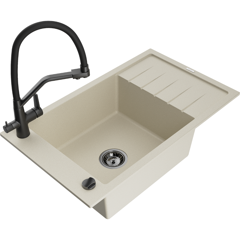 Mexen Elias Granitspüle 1-Becken mit Abtropffläche und Küchenarmatur Duo, beige - 6511-69-671701-70-B