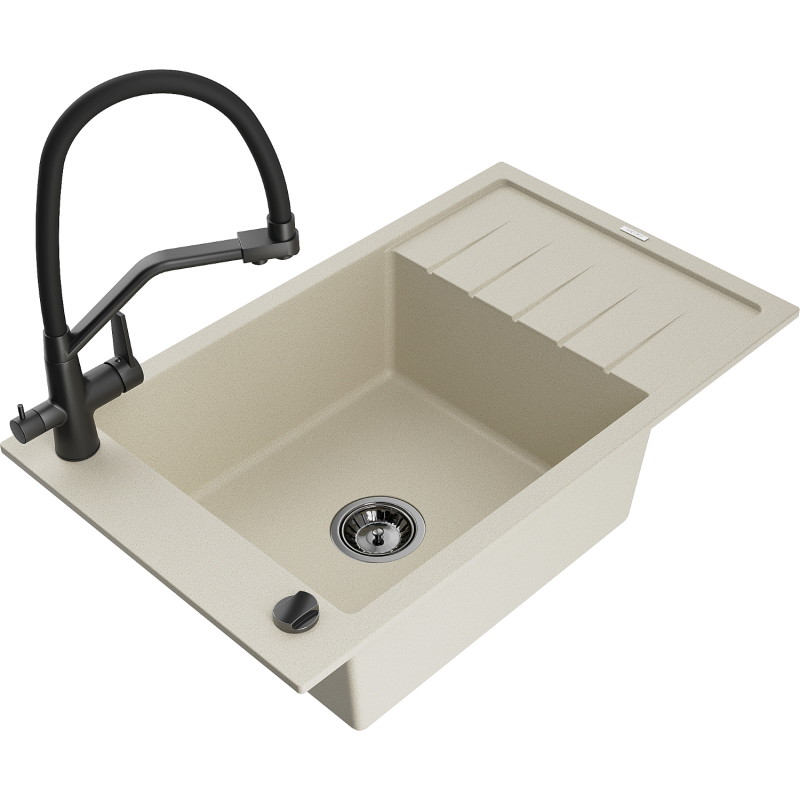 Mexen Elias granitspüle 1-beckig mit abtropffläche und küchenarmatur Duo, beige - 6511-69-671701-70-B