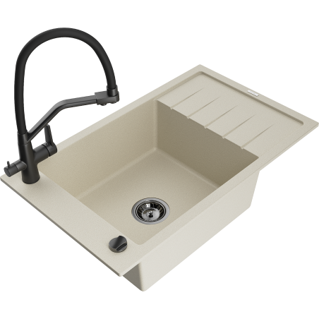 Mexen Elias Granitspüle 1-Becken mit Abtropffläche und Küchenarmatur Duo, beige - 6511-69-671701-70-B
