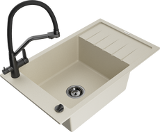 Mexen Elias Granitspüle 1-Becken mit Abtropffläche und Küchenarmatur Duo, beige - 6511-69-671701-70-B