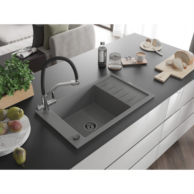 Mexen Elias Granitspüle 1-Becken mit Abtropffläche und Küchenarmatur Duo, grau - 6511-71-671701-07-B